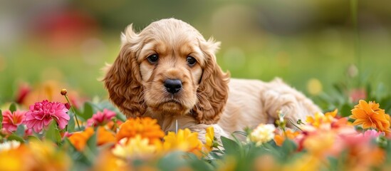 Poster - An adorable English Cocker spaniel puppy is seated charmingly amidst vibrant flowers in the image with ample copy space.