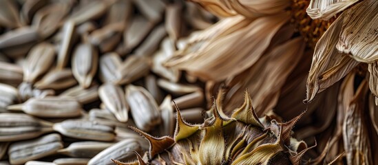 Poster - Close-up macro background texture image of freshly harvested and dried sunflower head and raw seeds with copy space image.