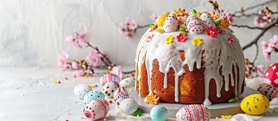 Poster - Easter cake adorned with glossy icing and decorative elements on a postcard featuring Easter bread, reflecting Christian customs, set against a white backdrop with room for more content