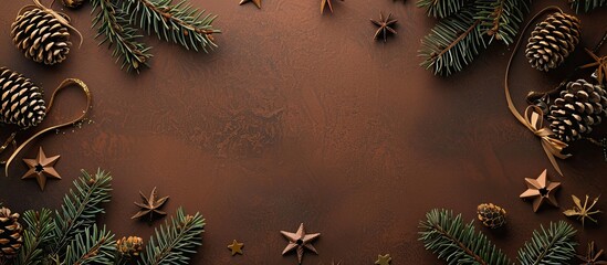 Poster - Christmas-themed background featuring fir branches, cones, stars, and ribbons on a brown backdrop with copy space image.
