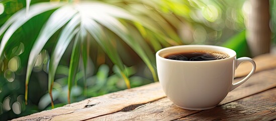 Poster - Close-up of black coffee in a white cup on a wooden table against a tropical background with copy space image.