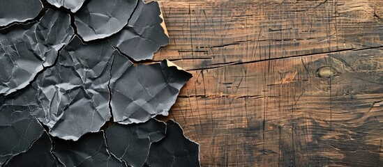 Fototapete - Copy space image of torn black paper pieces on a wooden backdrop.