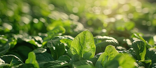 Poster - Close up view of fresh green spinach shown in natural light with a background providing ample copy space image.
