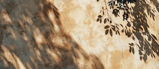 Aufkleber - Brown concrete wall with irregularities cast abstract shadows of tree leaves, creating a trendy, nature-themed background suitable for text overlay or poster mockup with copy space image.