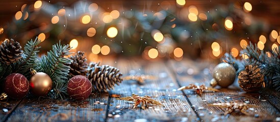 Poster - Festive Christmas backdrop with stunning decorations on a wood surface in loft style, perfect for New Year celebrations with copy space image.