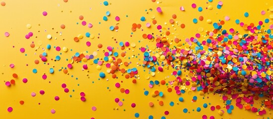Poster - Colorful confetti on a yellow surface creates a festive flat lay scene with copy space image.