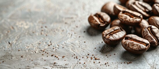 Poster - Close-up shot of a textured pile of roasted coffee beans against a neutral background, perfect for adding text with copy space image suitable for coffee house branding.