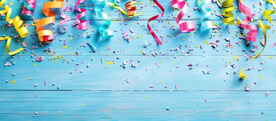 Poster - Colorful serpentine streamers and party accessories arranged on a light blue wooden surface for a festive layout with room for text in the image. image with copy space