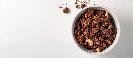 Poster - Bowl with chocolate granola cereal and nuts, set against a white backdrop with copy space image.