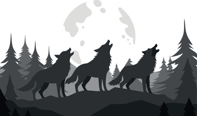 Silhouette of three wolves howling at the moon in a forest