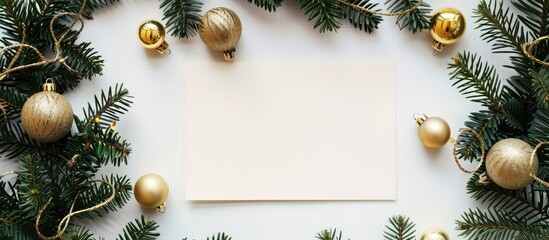 Poster - Christmas-themed setup featuring a blank paper surrounded by Christmas tree branches and golden ornaments on a white backdrop, ideal for top-view photography with copy space image in a square format.