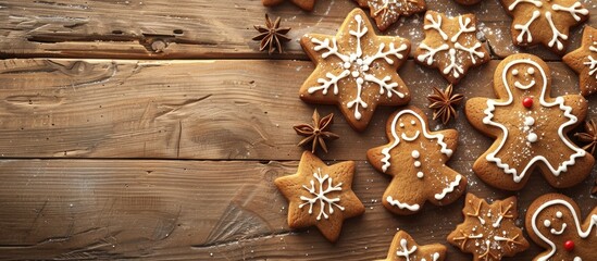 Poster - Delicious gingerbread cookies displayed on a rustic wooden backdrop with copy space image.