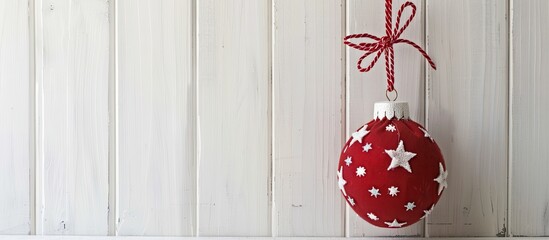 Poster - Fabric Christmas ornament hanging on white wooden backdrop with copy space image.