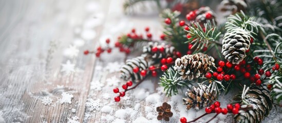Poster - Close-up of snowy Christmas fir branch with berries, cones, on light wooden backdrop, featuring copy space image.