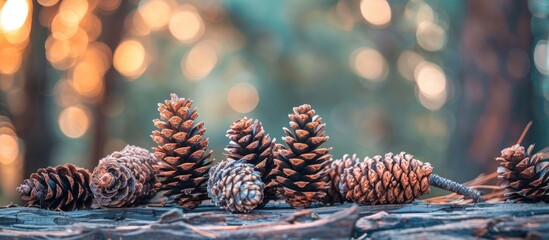 Aufkleber - Choose to focus on pine cones displayed on a wooden surface in a forest setting with space for additional text or elements in the image.