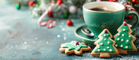 Poster - Delightful Christmas-themed treats: a festive cup of coffee and amusing homemade cookies shaped like Christmas trees, perfect for children's holiday candy. Both items are displayed against a