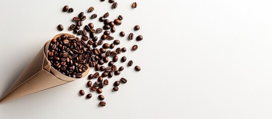 Poster - Displaying espresso coffee and beans creatively arranged on a paper cone cornucopia with a white background, featuring ample copy space image.
