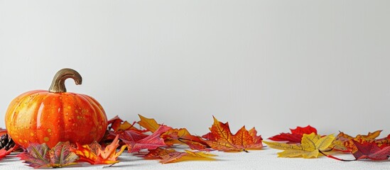 Poster - Fall-themed image with a round ceramic pumpkin, colorful leaves on a table, against a white background for use as a mock-up with copy space.