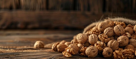 Poster - Close-up view of a pile of walnuts on a wooden surface with ample copy space image.