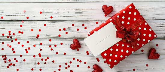 Poster - Aerial view of a red polka-dot gift box on a white wooden backdrop with space for text. Includes a blank note and heart-shaped sequins. image with copy space