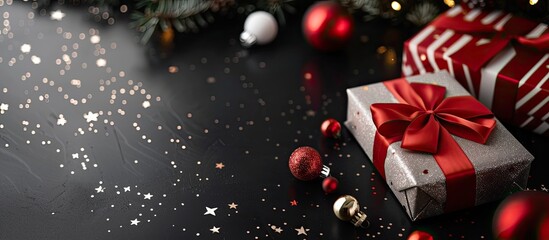 Poster - Abstract Christmas background featuring a starry tablecloth, gift boxes, and copy space image on a black table.