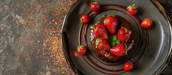 Poster - An inviting lifestyle photo of a chocolate-covered strawberry dessert artfully displayed on an elegant ceramic plate, shot from above with empty space for text. image with copy space
