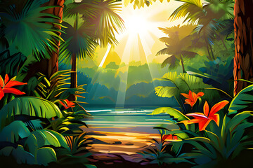 Wall Mural - A lush paradise unfolds, bathed in warm sunlight. Towering palm trees and exotic flowers create a vibrant tapestry, inviting exploration of this tropical haven.