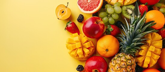 Poster - Assorted fresh fruits displayed on a colorful background with copy space image.