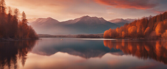 Poster - a mirror-bright view of the lake between the mountains, dramatic sunset colors 