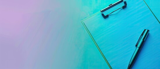 Poster - Clipboard in hues of blue and green with an A4 paper and pen, set against a white background, featuring copy space image.