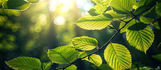 Wall Mural - Closeup image of leaves in a sunlit forest during spring or early summer, conveying ecological and tranquil themes with copy space.