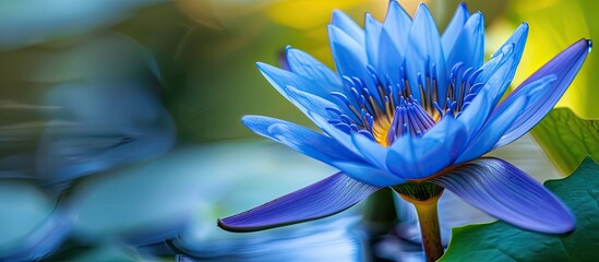 Poster - An up-close view of a blue lotus with a nature setting, ideal for use as a background or wallpaper with copy space image.