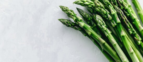 Poster - Close-up of fresh asparagus spears on a white background with selective focus, ideal for copy space image.