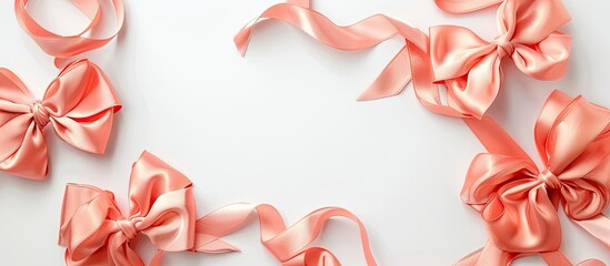 Poster - Coral-colored silk bows and ribbons in a set for gift wrapping with a white background for copy space image.