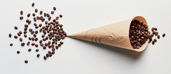 Poster - Displaying espresso coffee and beans creatively arranged on a paper cone cornucopia with a white background, featuring ample copy space image.