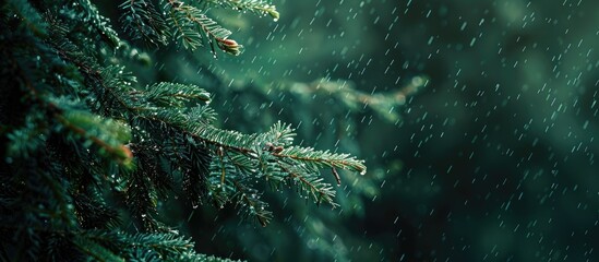 Poster - Copy space image of rain-kissed spruce branches, isolated against a dark forest backdrop.