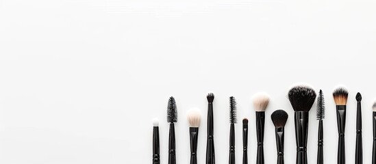 Poster - Beauty makeup salon's professional make-up brushes displayed against a white backdrop with a panoramic view. Includes a flat lay layout with copy space image.