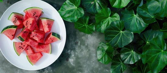 Poster - An overhead view of watermelon slices on a white plate next to a green leafy plant outdoors, with room for text in the image. image with copy space