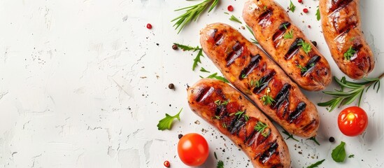 Poster - Copy space image of grilled sausages against a light background.