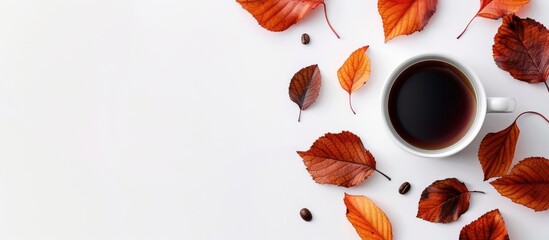 Poster - Coffee cup with autumn leaves next to it on white background, providing empty space for text or images. image with copy space