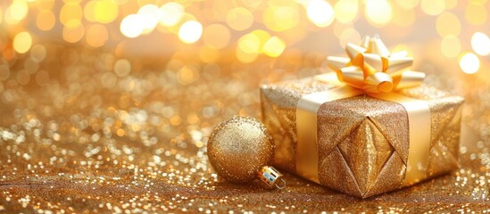 Poster - Christmas golden bauble and gift on a festive gold paper backdrop, close-up with room for text or graphics in the image. image with copy space