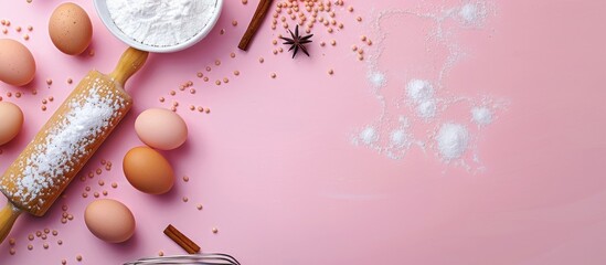 Aufkleber - Baking ingredients like eggs and sugar placed with a rolling pin on a pink background create a sweet dessert theme in a banner with copy space image.