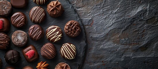 Poster - Chocolate candies on a slate plate placed on a rustic table with textured surface, creating an inviting scene with copy space image.