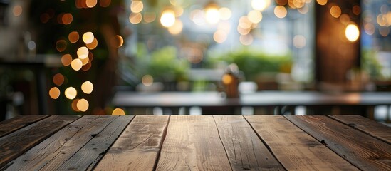 Poster - Empty dark wooden table with an abstract blurred bokeh restaurant background ideal for displaying or arranging products with available copy space image.