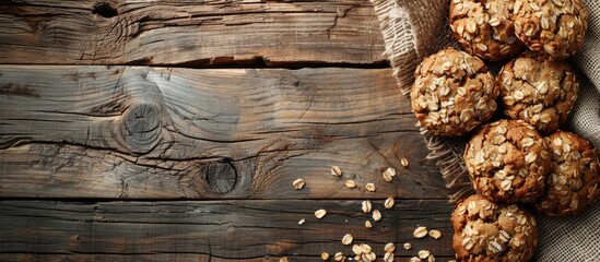 Poster - An arrangement of oat cookies placed on a rustic wooden table with open space for adding images. image with copy space