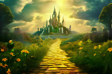 Sticker - A vibrant yellow brick road winds through a lush, green landscape. Delicate flowers bloom on either side, leading towards a distant, shimmering Emerald City. 