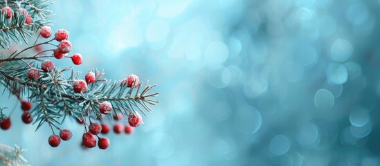 Poster - Festive Christmas tree branch against a serene blue backdrop with a copy space image.
