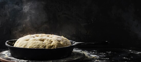 Poster - Copy space image of homemade organic Focaccia dough rising in a skillet iron pan against a black background.