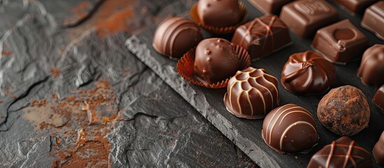 Poster - Chocolate candies on a slate plate placed on a rustic table with textured surface, creating an inviting scene with copy space image.