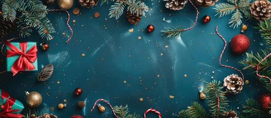 Poster - Festive Christmas background with New Year's decorations and toys in a top view flatlay composition, ideal for a copy space image.